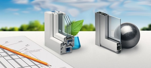 Сечение окна ПВХ и алюминиевого окна